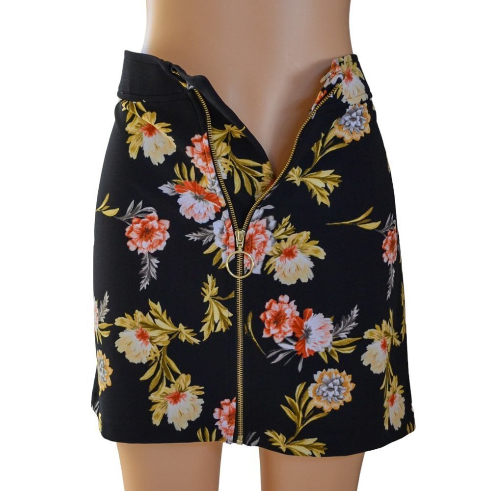 INC Women Zip-Front Mini Skirt Yellow Peach White Floral Pattern on Black Size L - Picture 6 of 9